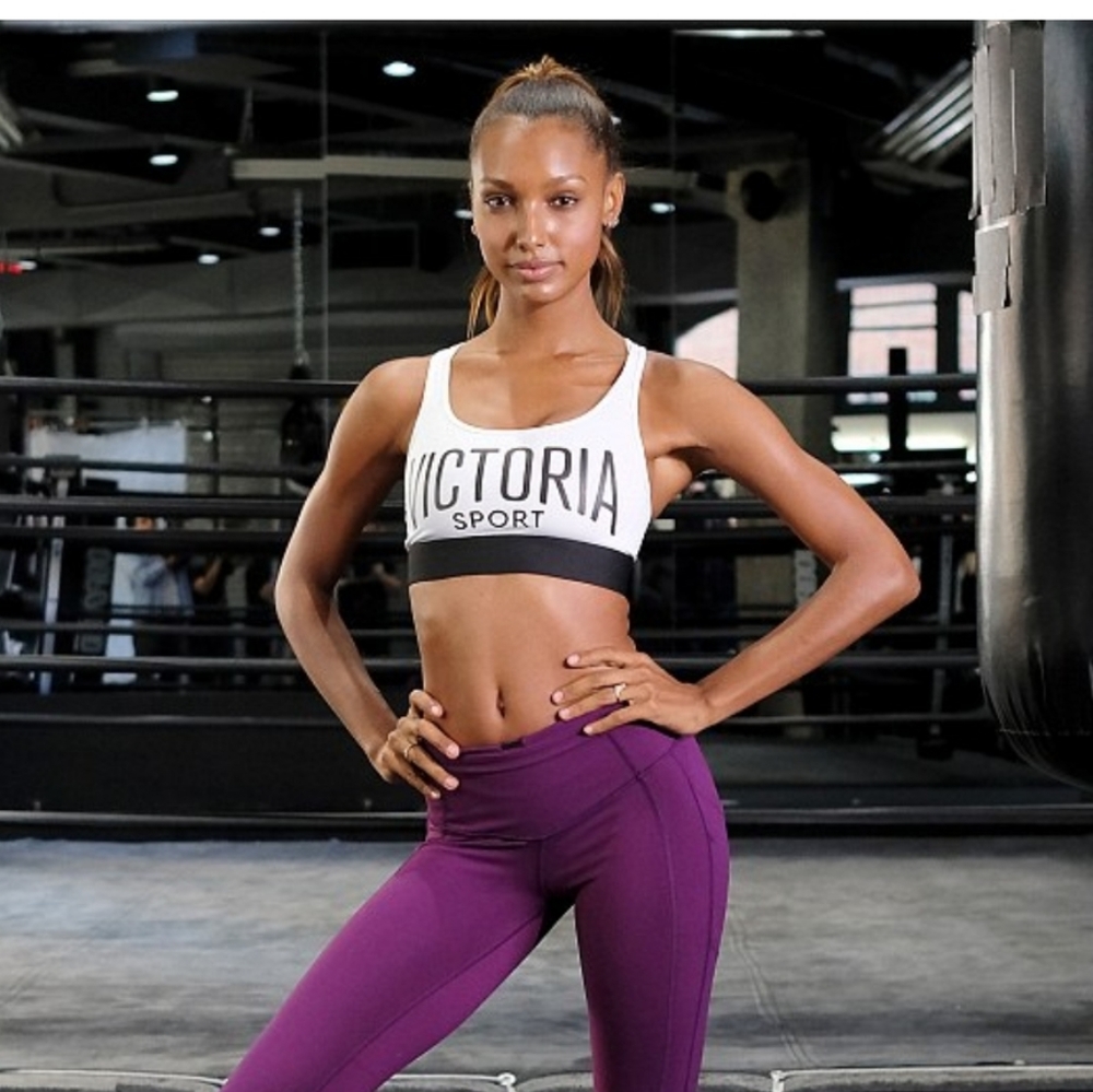 PURPLE Victoria Secret Sports Bra. Black Band. PURPLE lettering. Women's Large.